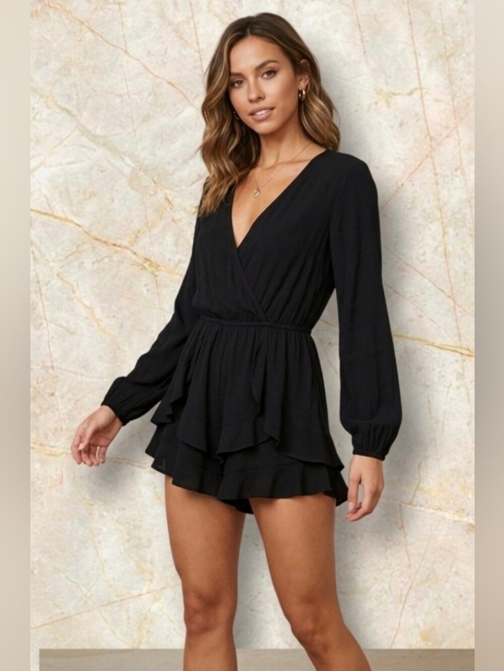 Maddy K Black Romper Size S Small Long Sleeve V-neck Shorts Skirt Flowy Skort